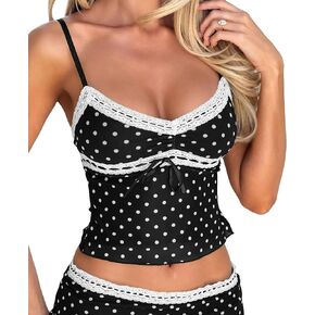 BAIGRAM حريمي Y2K دانتيل مزين بالدانتيل البولكا نقطة شبكي قصير كامي تانك بلا أكمام رقبة على شكل V سليم صالح ربط القوس Ruched ملابس داخلية علوية للخروج in Kuwait
