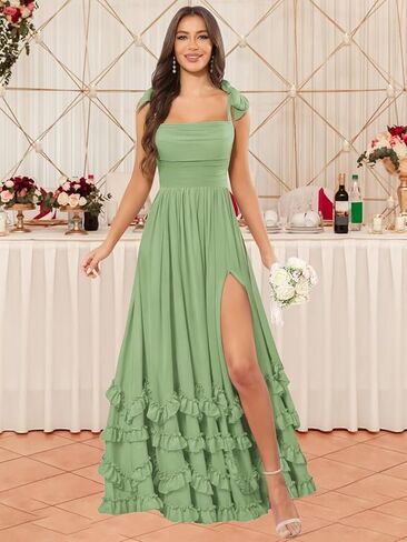 GUKARLEED Women’s Ruffles Bridesmaid Dresses with Pockets Layered Scoop Neck Formal Dress Slit Chiffon Wedding Guest Dress in Saudi Arabia