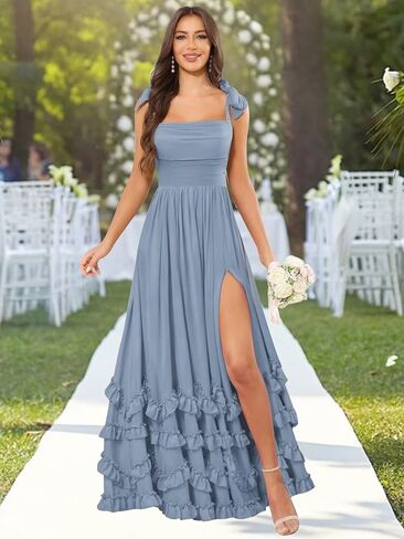 GUKARLEED Women’s Ruffles Bridesmaid Dresses with Pockets Layered Scoop Neck Formal Dress Slit Chiffon Wedding Guest Dress in Saudi Arabia
