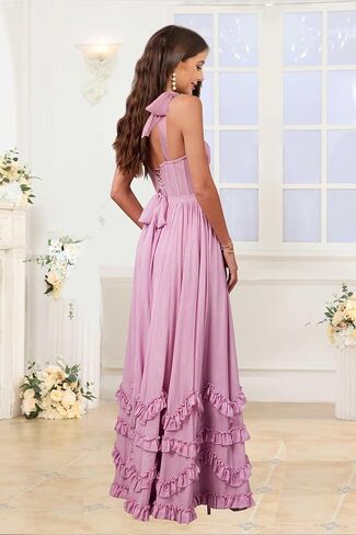 GUKARLEED Women’s Ruffles Bridesmaid Dresses with Pockets Layered Scoop Neck Formal Dress Slit Chiffon Wedding Guest Dress in Saudi Arabia