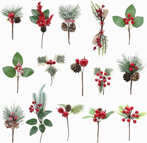 Christmas Decorations,15Pcs Christmas Tree Picks,Red Berry Holly Branches for Crafts,Christmas Picks and Sprays,Greenery Pick and Garland Decoration in Saudi Arabia