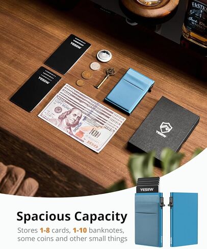 محفظة YESIIW RFID للرجال والنساء، حامل بطاقات نحيفة مع 8 بطاقات ائتمان، جيب معدني صغير للنقود، هدية جيب أمامي صغير للرجال، بحيرة أبي، أزرق in Kuwait