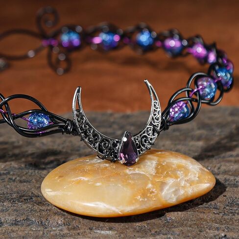 Viking Celtic Beaded V-Shaped Crown - Medieval Purple Moon Headpiece Dark Fairy Elf Circlet, Renfaire Elven Headband for Witch Renaissance Halloween Cosplay Party Hair Accessory in Saudi Arabia