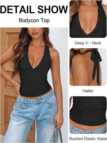 Women's Sexy Halter Tops for Women Summer Deep V Neck Mesh Ruched Tie Strap Backless Going Out Crop Top in Saudi Arabia