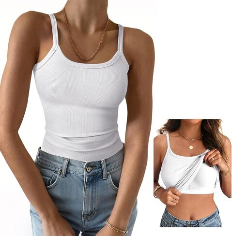 Women Built in Bra Tank Top Form Fitting Scoop Neck Ribbed Basic Padded Cami Shirts in Saudi Arabia