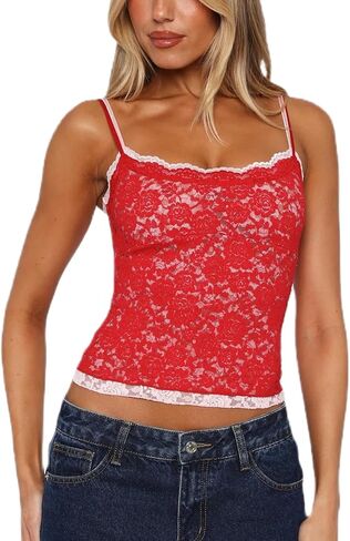 Women Y2K Lace Crop Cami Top Sexy Color Block Sheer Mesh See Through Tank Top Retro Slim Fit Fake Two Piece Camisole in Saudi Arabia