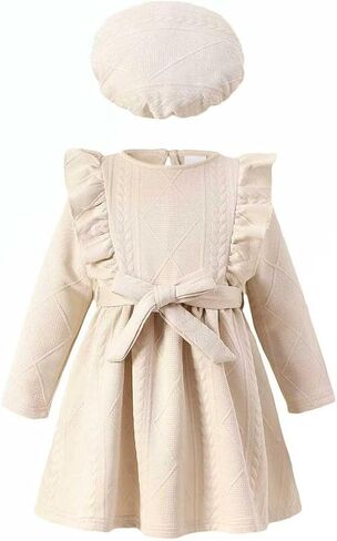 Girls Pink Corduroy Dress with Ruffle Shoulder & Beret, Holiday Birthday Outfit for Toddlers 4-7Y in Saudi Arabia