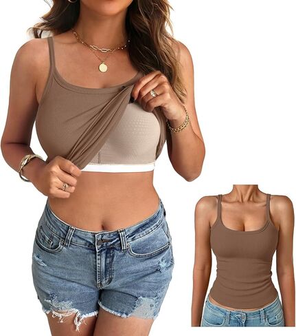Women Built in Bra Tank Top Form Fitting Scoop Neck Ribbed Basic Padded Cami Shirts in Kuwait