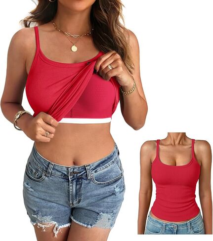 Women Built in Bra Tank Top Form Fitting Scoop Neck Ribbed Basic Padded Cami Shirts in Kuwait