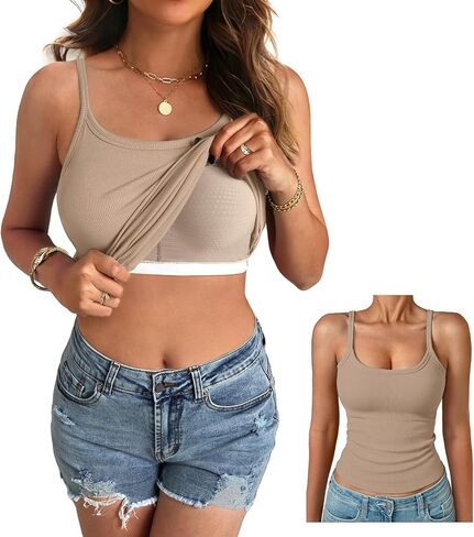 Women Built in Bra Tank Top Form Fitting Scoop Neck Ribbed Basic Padded Cami Shirts in Kuwait