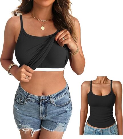 Women Built in Bra Tank Top Form Fitting Scoop Neck Ribbed Basic Padded Cami Shirts in Kuwait