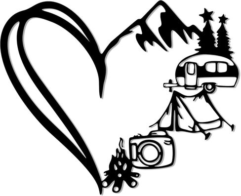 RV Decor Wall Art - Adventure Camper Decor for Inside with Mountains & Heart Design, Metal Camping Signs, Happy Camper Sculpture - Unique Christmas Gift for Camper & RV Owners (13.4x10.9 Inch) in Kuwait