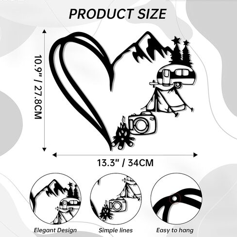 RV Decor Wall Art - Adventure Camper Decor for Inside with Mountains & Heart Design, Metal Camping Signs, Happy Camper Sculpture - Unique Christmas Gift for Camper & RV Owners (13.4x10.9 Inch) in Kuwait