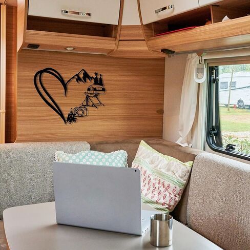 RV Decor Wall Art - Adventure Camper Decor for Inside with Mountains & Heart Design, Metal Camping Signs, Happy Camper Sculpture - Unique Christmas Gift for Camper & RV Owners (13.4x10.9 Inch) in Kuwait