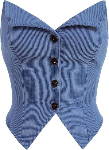 WDIRARA Women's Button Down Bustier Corset Top Strapless Asymmetrical Bandeau Crop Tube Tops in Kuwait