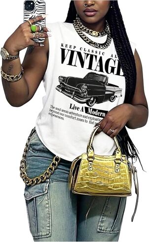 بلوزة نسائية صيفية بطبعة جرافيك عتيقة بدون أكمام ورقبة دائرية وملابس شارع in Kuwait