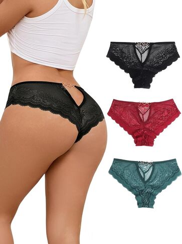 Lace Cheeky Panties Sexy Low Rise Bikini Underwear Cute Panties for Women Plus Size Multipack (with Gift Box) in Saudi Arabia