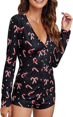 Women's Christmas One Piece Bodycon Romper Short Sleeve Deep V Neck Button Pattern Print Home Wear Bodysuit Pajamas in Saudi Arabia