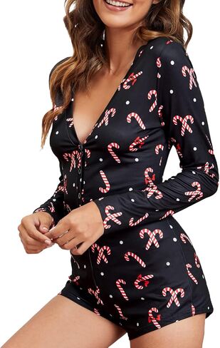 Women's Christmas One Piece Bodycon Romper Short Sleeve Deep V Neck Button Pattern Print Home Wear Bodysuit Pajamas in Saudi Arabia