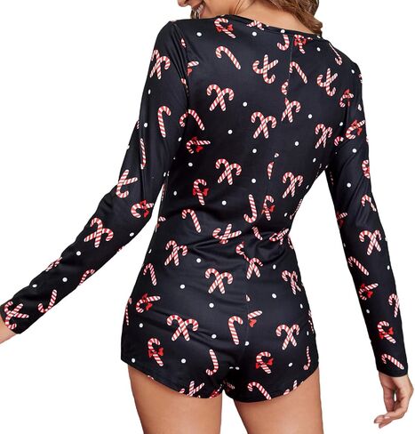 Women's Christmas One Piece Bodycon Romper Short Sleeve Deep V Neck Button Pattern Print Home Wear Bodysuit Pajamas in Saudi Arabia
