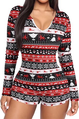 Women's Christmas One Piece Bodycon Romper Short Sleeve Deep V Neck Button Pattern Print Home Wear Bodysuit Pajamas in Saudi Arabia