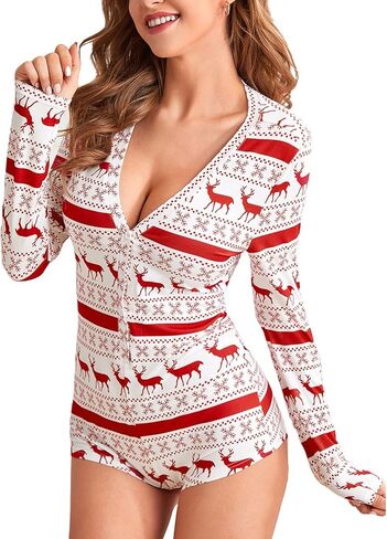 Women's Christmas One Piece Bodycon Romper Short Sleeve Deep V Neck Button Pattern Print Home Wear Bodysuit Pajamas in Saudi Arabia