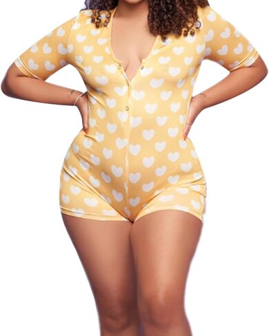 Women's Christmas One Piece Bodycon Romper Short Sleeve Deep V Neck Button Pattern Print Home Wear Bodysuit Pajamas in Saudi Arabia