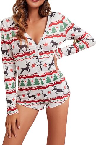 Women's Christmas One Piece Bodycon Romper Short Sleeve Deep V Neck Button Pattern Print Home Wear Bodysuit Pajamas in Saudi Arabia
