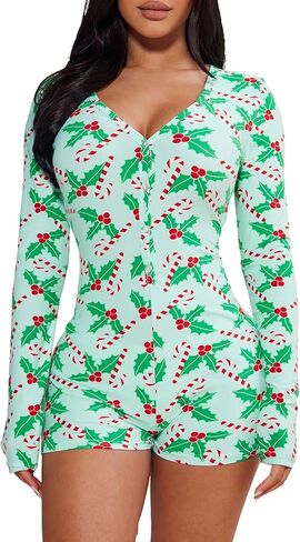 Women's Christmas One Piece Bodycon Romper Short Sleeve Deep V Neck Button Pattern Print Home Wear Bodysuit Pajamas in Saudi Arabia