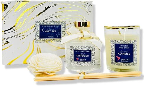 Moira's Bazaar Elysian Essence Aromatherapy Gift Set – Luxury Candle and Flower Reed Diffuser – Perfect Scented Gift for Women, Sophisticated Scent, Home & Bath Decor (English Orchard) in Saudi Arabia