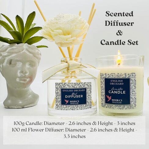 Moira's Bazaar Elysian Essence Aromatherapy Gift Set – Luxury Candle and Flower Reed Diffuser – Perfect Scented Gift for Women, Sophisticated Scent, Home & Bath Decor (English Orchard) in Saudi Arabia