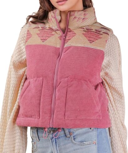 Aztec Graphic Corduroy Puffer Vest for Women – Mock Neck Zip Up Sleeveless Outerwear with Side Pockets in Saudi Arabia