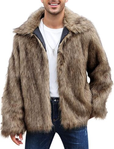 Kissonic Mens Faux Fur Coat Winter Warm Fur Jacket for Men Lapel Fluffy Furry Coats Outerwear in Saudi Arabia