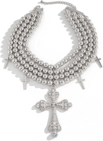 الذهب والفضة مكتنزة الصليب بيان قلادة مبالغ فيها اللؤلؤ مطرز الطبقات المختنق سلسلة كبيرة تشيكوسلوفاكيا الصليب قلادة كبيرة كريستال الصليب مجوهرات للنساء in Kuwait