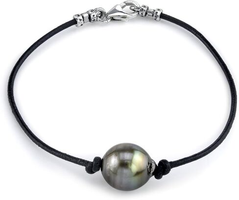 The Pearl Source Sterling Silver 10mm AAAA Quality Baroque Black Tahitian Cultured Pearl Leather Bracelet for Women in Saudi Arabia