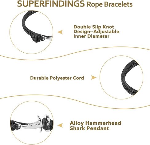 SUPERFINDINGS 6 قطع أساور أسماك القرش المطرقة للجنسين أساور حبل مزدوج الحد الأدنى أساور الحبل البحري عشاق المحيط أساور قابل للتعديل أساور حبل البوليستر للرجال النساء in Saudi Arabia
