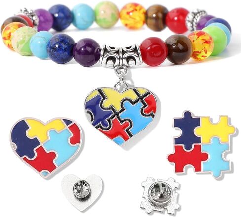 Long tiantian Autism Awareness Bracelet Pin 7 Chakra Gemstone Natural Stone Beaded Bracelet Heart Cross Ribbon Round Brooch Autism Awareness Shirts Outfits Accessories in Saudi Arabia
