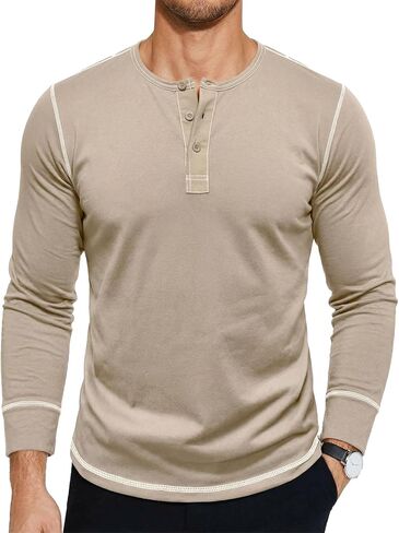 Men's Casual Henley Shirts Long Sleeve Basic Tee Vintage Button Henley Soild T-Shirts for Men in Saudi Arabia
