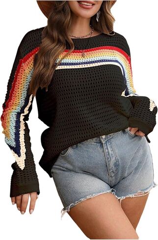 MakeMeChic Women's Crochet Sweater Rainbow Hollow Out Long Sleeve Knit Tops Fall Clothes in Saudi Arabia