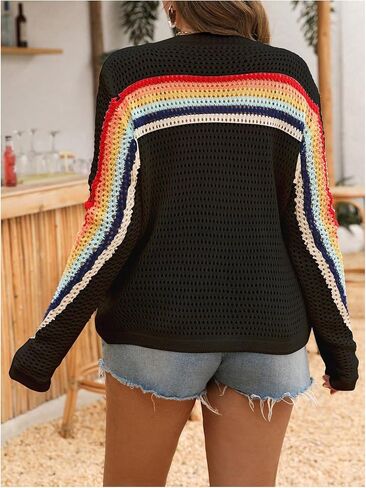 MakeMeChic Women's Crochet Sweater Rainbow Hollow Out Long Sleeve Knit Tops Fall Clothes in Saudi Arabia