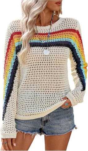 MakeMeChic Women's Crochet Sweater Rainbow Hollow Out Long Sleeve Knit Tops Fall Clothes in Saudi Arabia
