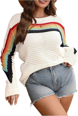 MakeMeChic Women's Crochet Sweater Rainbow Hollow Out Long Sleeve Knit Tops Fall Clothes in Saudi Arabia