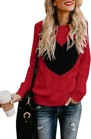 Women's Pullover Sweaters Long Sleeve Front Ribbed Knitted Cute Heart Sweater in Saudi Arabia