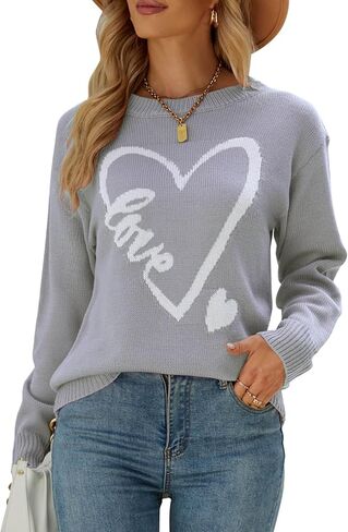 Women's Pullover Sweaters Long Sleeve Front Ribbed Knitted Cute Heart Sweater in Saudi Arabia