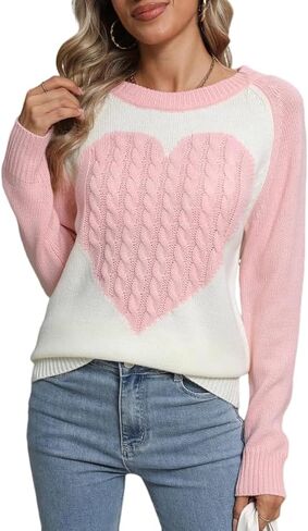 Women's Pullover Sweaters Long Sleeve Front Ribbed Knitted Cute Heart Sweater in Saudi Arabia