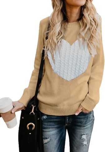 Women's Pullover Sweaters Long Sleeve Front Ribbed Knitted Cute Heart Sweater in Saudi Arabia