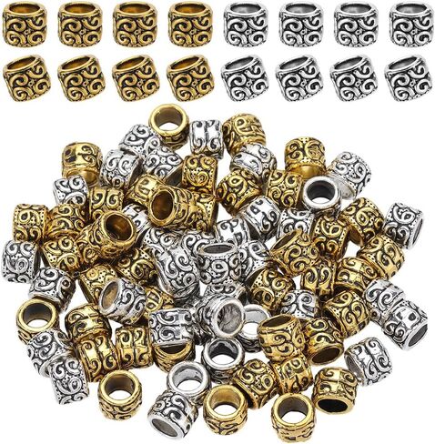 1 Box 100pcs Column Spacer Beads Large Hole Column Beads Antique Silver Gold Tibetan Hollow Alloy Tube Spacers Loose Long European Rondelle Beads for Jewelry Making Bracelet Necklace Craft in Kuwait