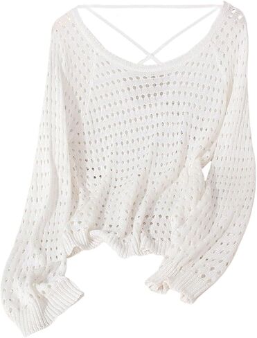 SweatyRocks Women's Crochet Sweaters Hollow Out Knitted Sheer Lightweight Scoop Neck Pullover in Saudi Arabia
