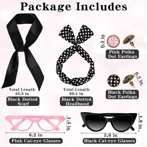 QZYL 6 Pack 1950's Womens Costume Accessories Set Retro Polka Dot Chiffon Scarf Headband Cat Eye Glasses Earrings Party in Saudi Arabia
