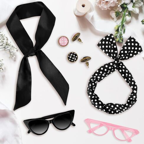 QZYL 6 Pack 1950's Womens Costume Accessories Set Retro Polka Dot Chiffon Scarf Headband Cat Eye Glasses Earrings Party in Saudi Arabia